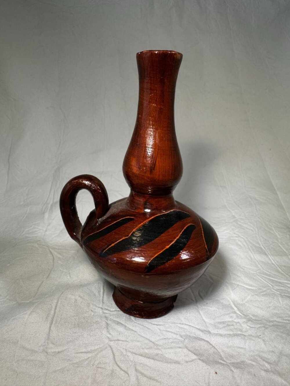 Vintage Handmade Brown Ceramic Vase Handle & Black Accents - Made In Greece